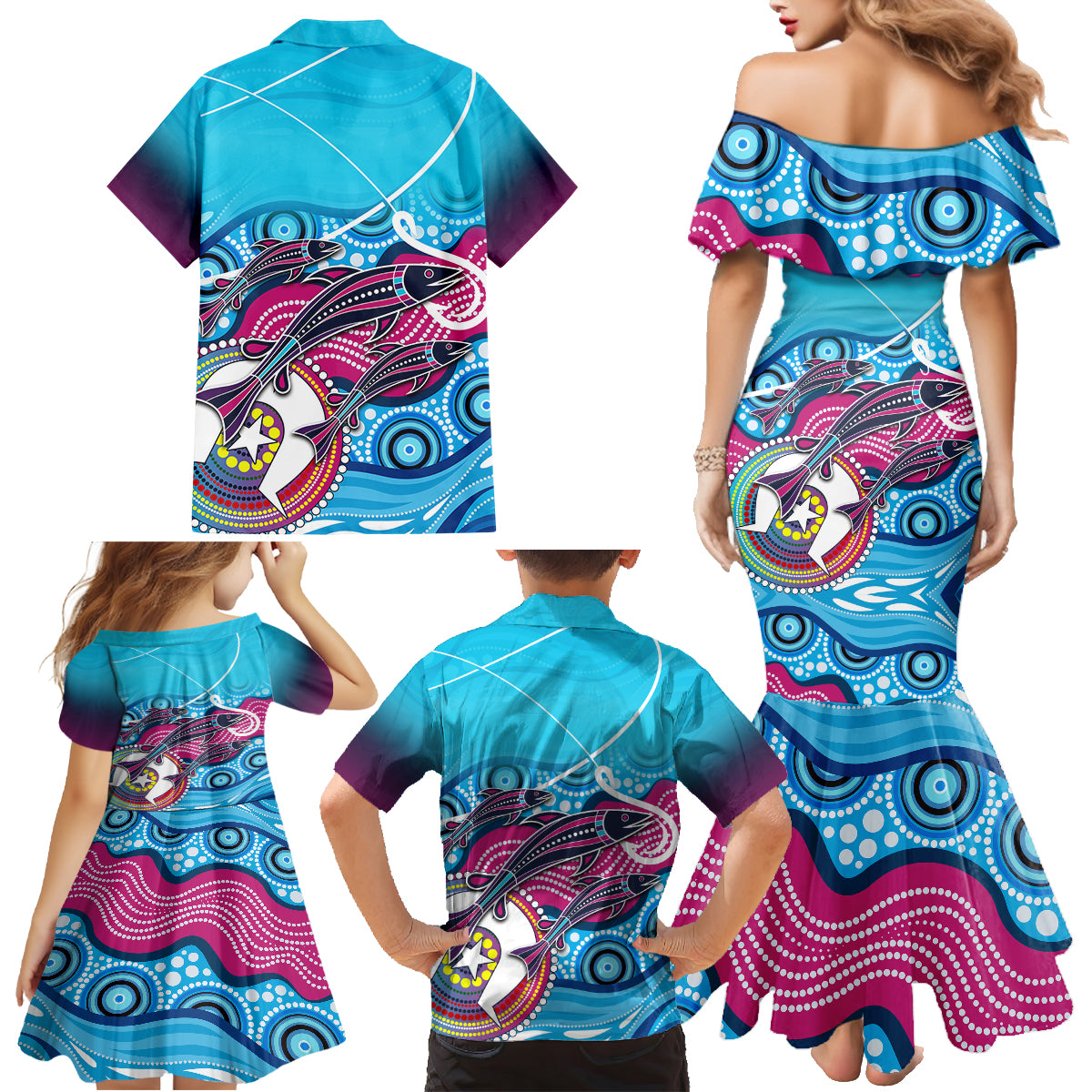 australia-fishing-family-matching-mermaid-dress-and-hawaiian-shirt-fishaholic-with-the-dhari-symbol-and-aboriginal-pattern