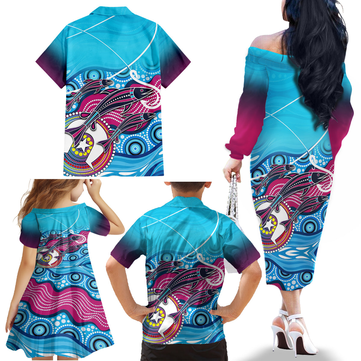 australia-fishing-family-matching-off-shoulder-long-sleeve-dress-and-hawaiian-shirt-fishaholic-with-the-dhari-symbol-and-aboriginal-pattern