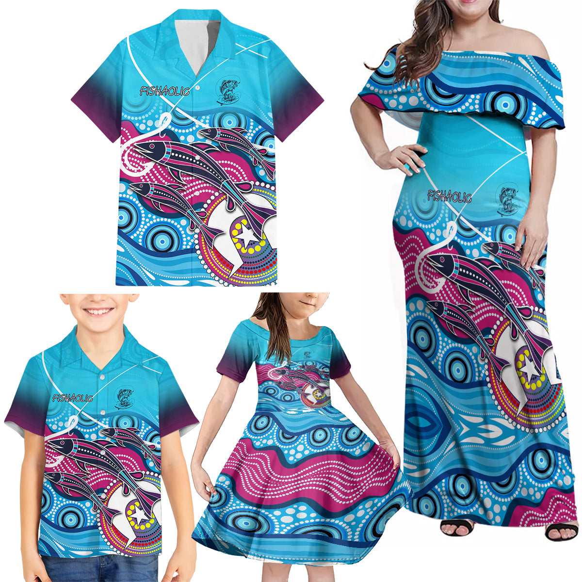 australia-fishing-family-matching-off-shoulder-maxi-dress-and-hawaiian-shirt-fishaholic-with-the-dhari-symbol-and-aboriginal-pattern