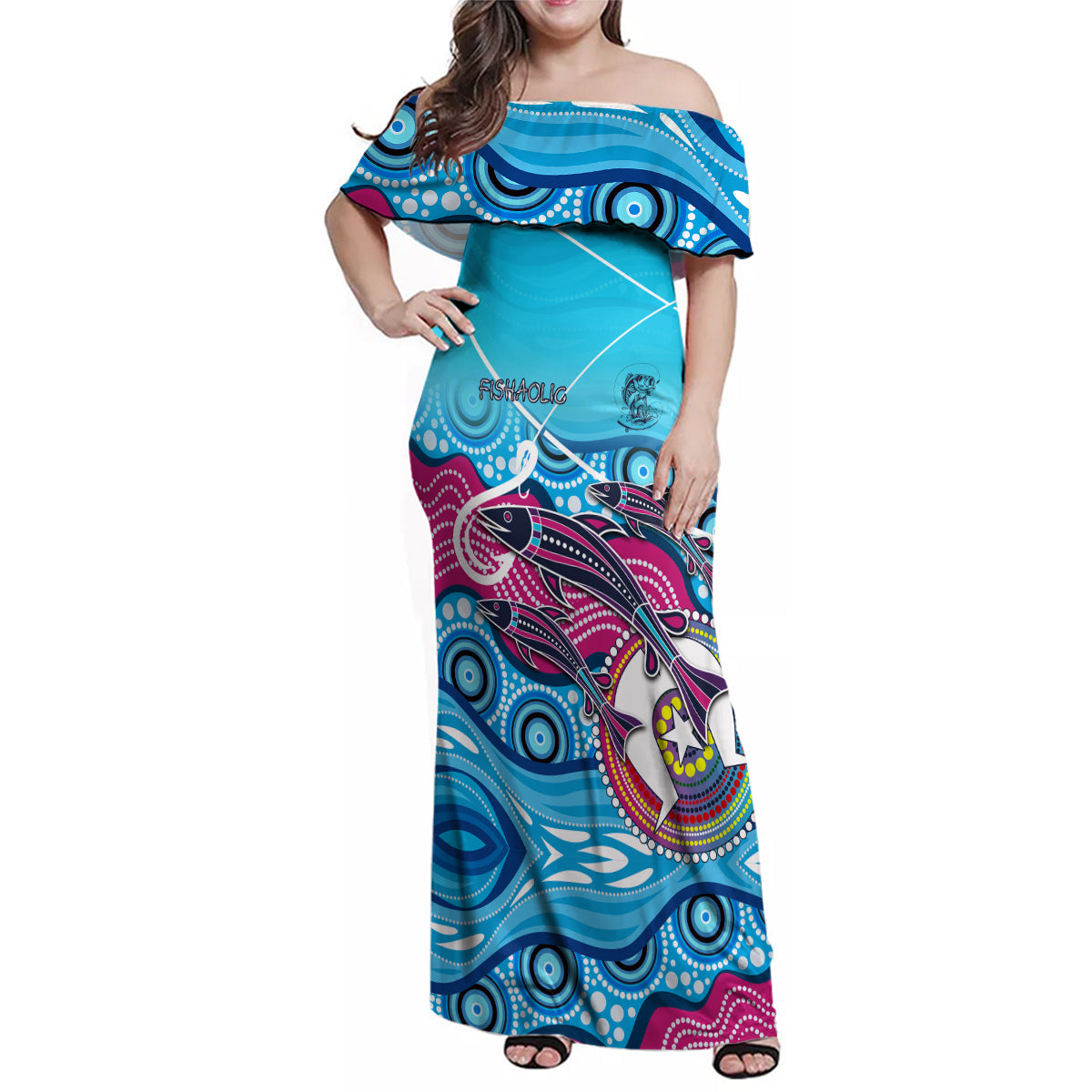 australia-fishing-family-matching-off-shoulder-maxi-dress-and-hawaiian-shirt-fishaholic-with-the-dhari-symbol-and-aboriginal-pattern