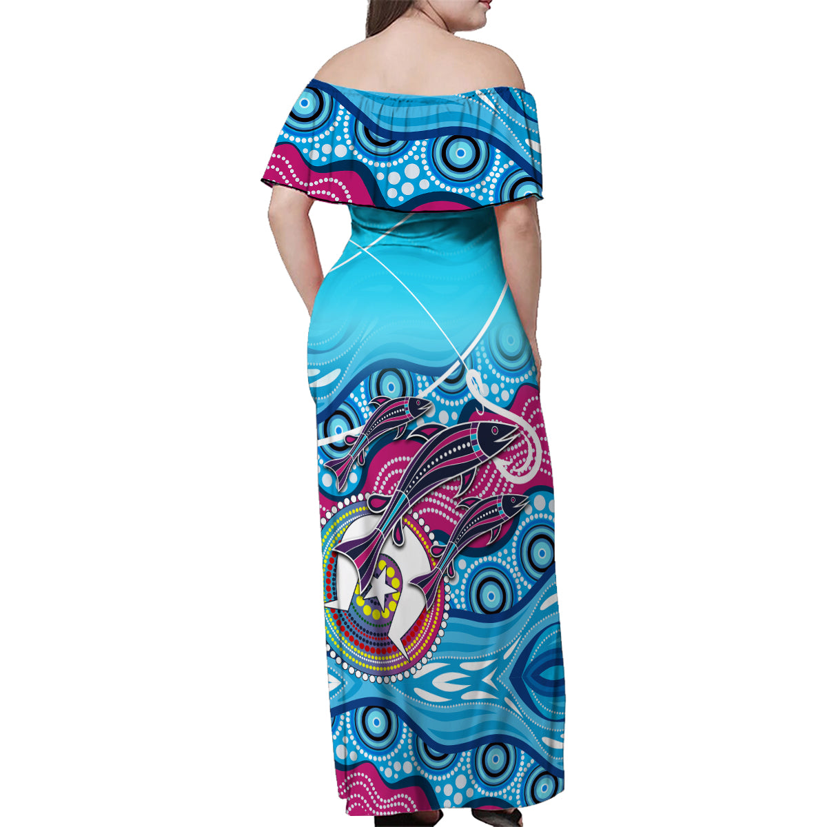 australia-fishing-family-matching-off-shoulder-maxi-dress-and-hawaiian-shirt-fishaholic-with-the-dhari-symbol-and-aboriginal-pattern