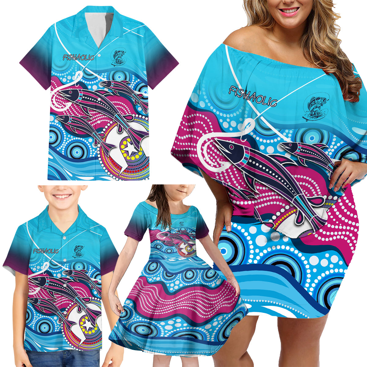 australia-fishing-family-matching-off-shoulder-short-dress-and-hawaiian-shirt-fishaholic-with-the-dhari-symbol-and-aboriginal-pattern