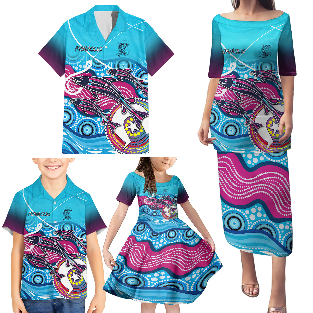 australia-fishing-family-matching-puletasi-dress-and-hawaiian-shirt-fishaholic-with-the-dhari-symbol-and-aboriginal-pattern