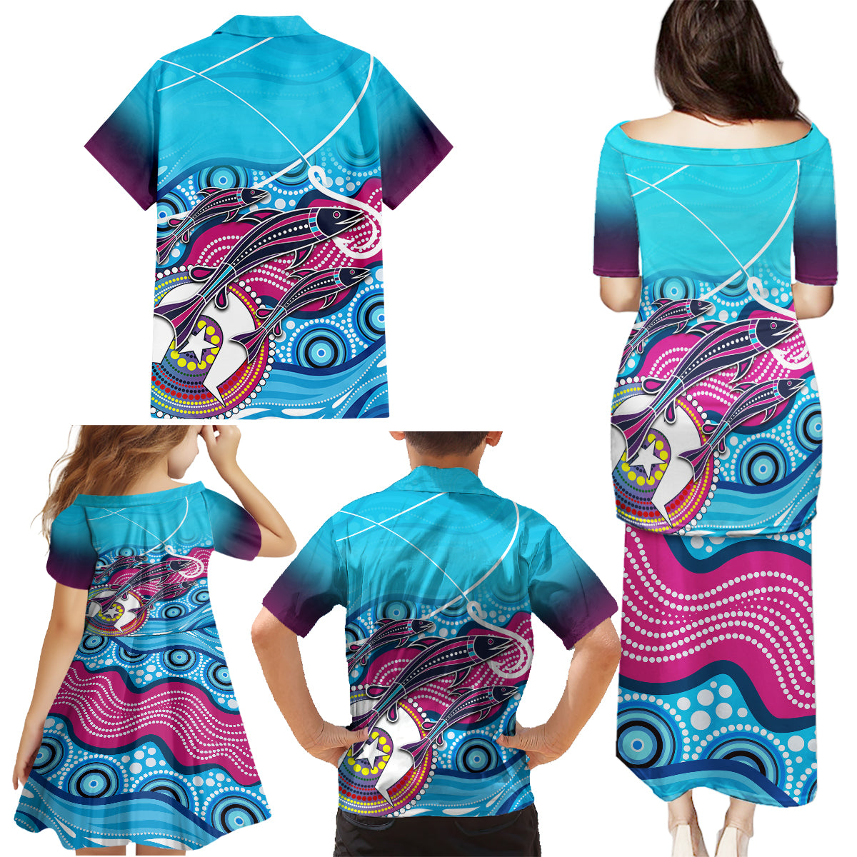 australia-fishing-family-matching-puletasi-dress-and-hawaiian-shirt-fishaholic-with-the-dhari-symbol-and-aboriginal-pattern