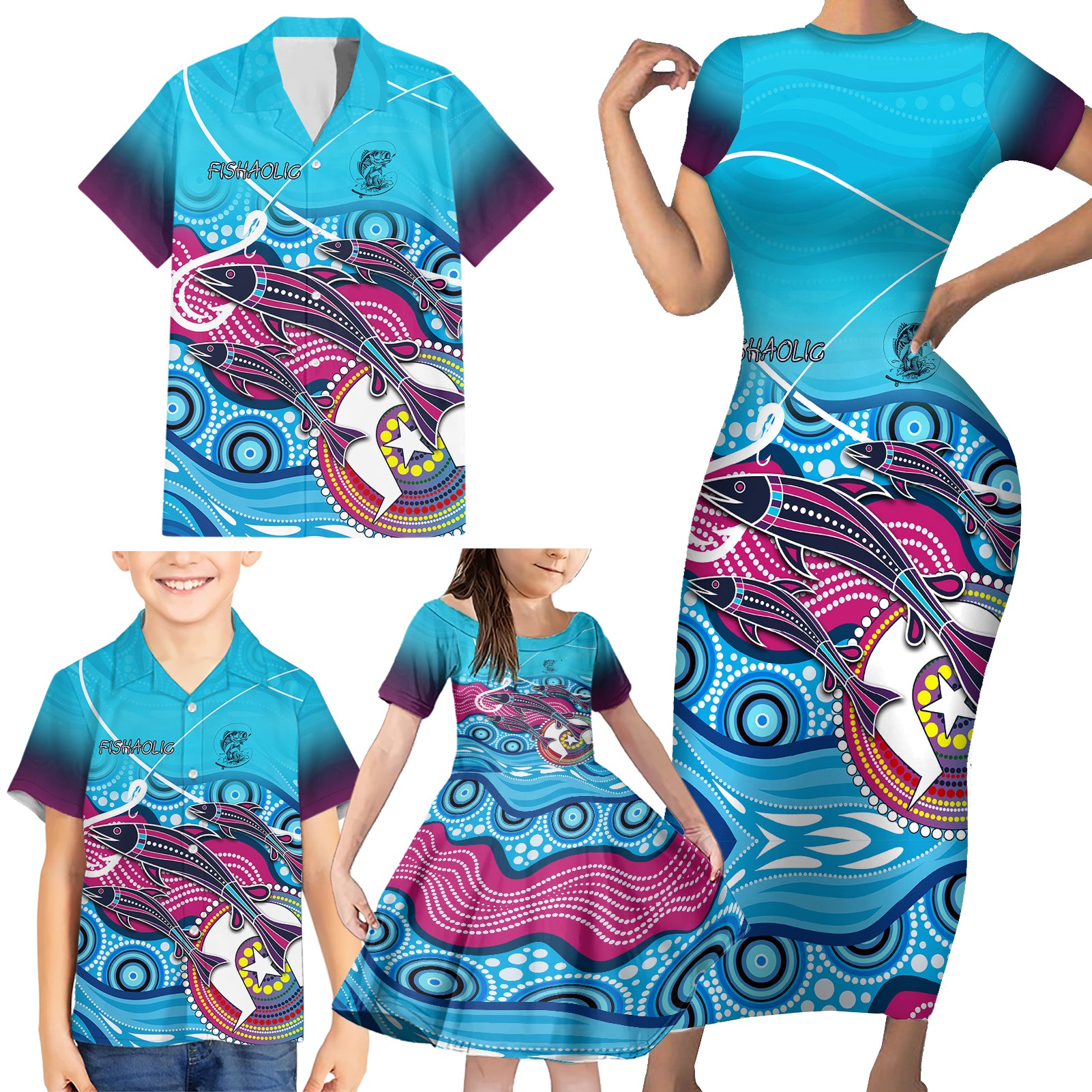 australia-fishing-family-matching-short-sleeve-bodycon-dress-and-hawaiian-shirt-fishaholic-with-the-dhari-symbol-and-aboriginal-pattern