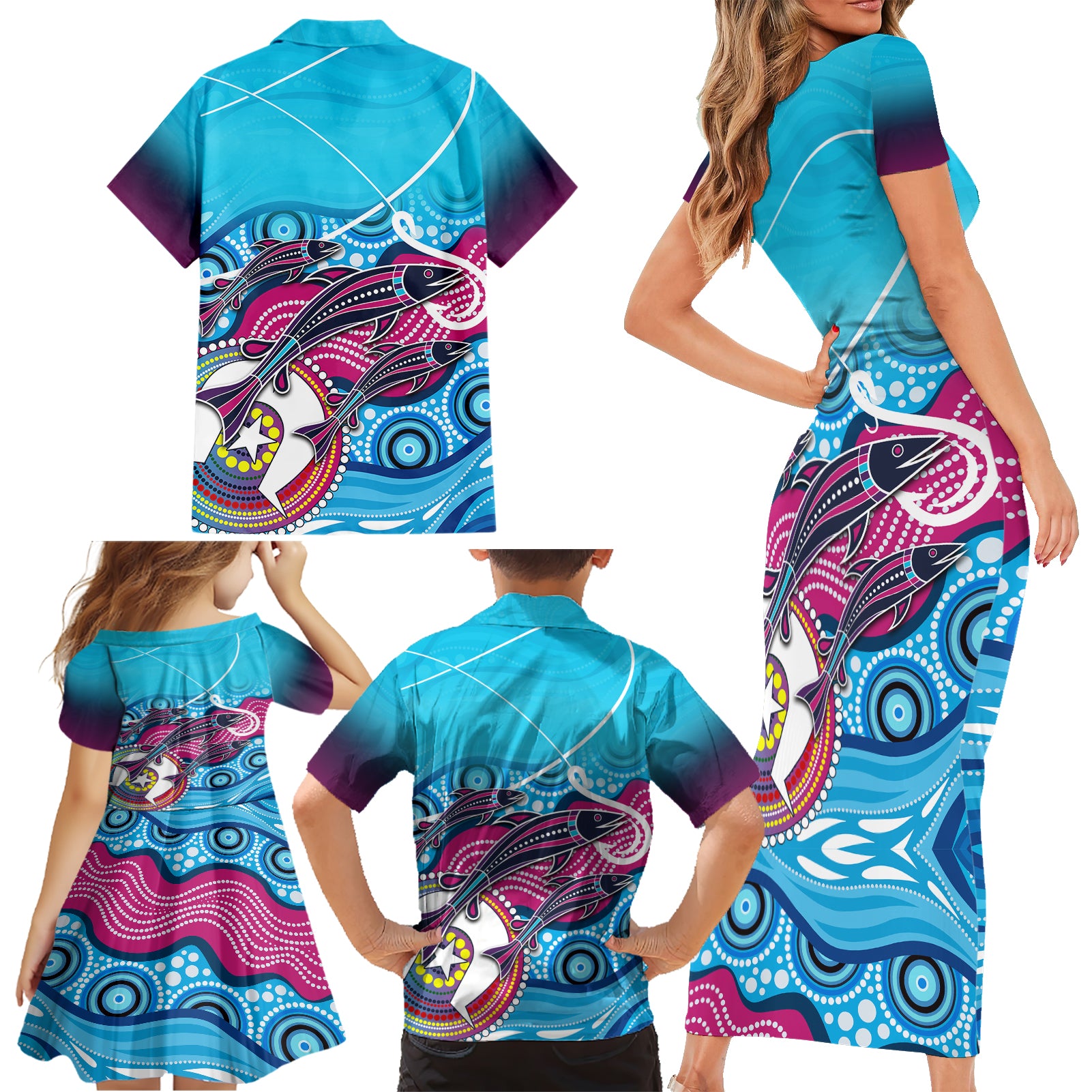 australia-fishing-family-matching-short-sleeve-bodycon-dress-and-hawaiian-shirt-fishaholic-with-the-dhari-symbol-and-aboriginal-pattern