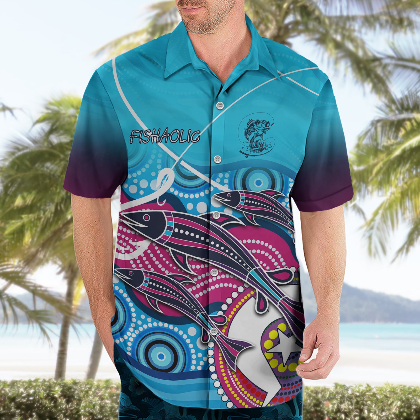 Australia Fishing Hawaiian Shirt Fishaholic With The Dhari Symbol And Aboriginal Pattern - Vibe Hoodie Shop
