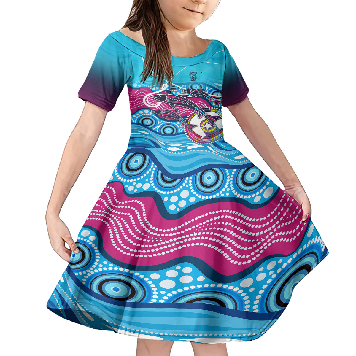 Australia Fishing Kid Short Sleeve Dress Fishaholic With The Dhari Symbol And Aboriginal Pattern - Vibe Hoodie Shop