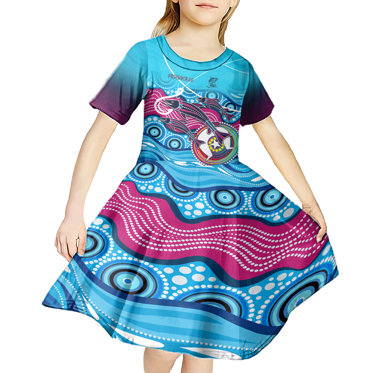 Australia Fishing Kid Short Sleeve Dress Fishaholic With The Dhari Symbol And Aboriginal Pattern - Vibe Hoodie Shop