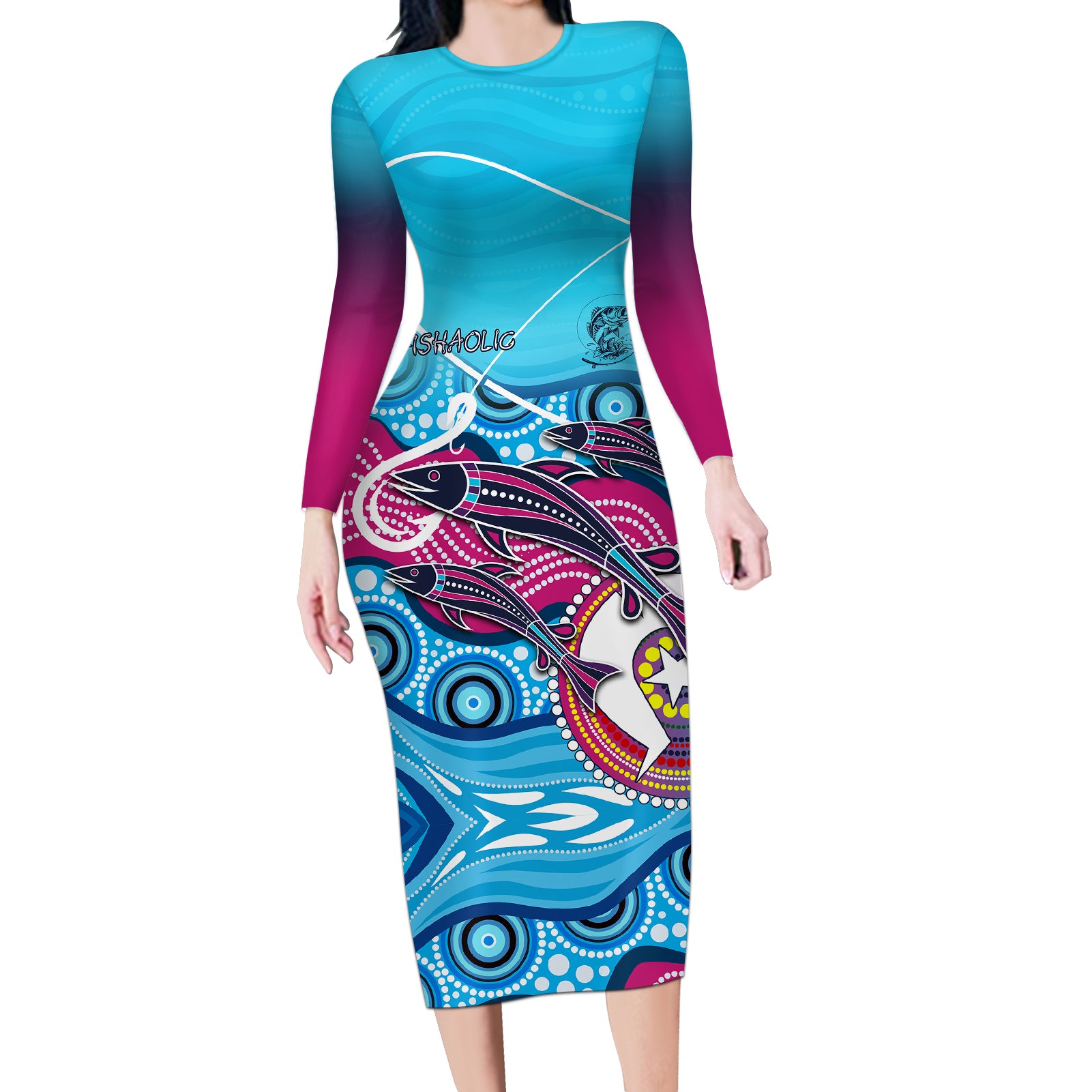 australia-fishing-long-sleeve-bodycon-dress-fishaholic-with-the-dhari-symbol-and-aboriginal-pattern