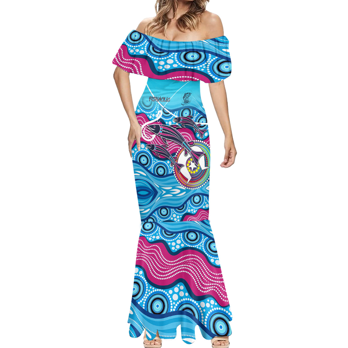 australia-fishing-mermaid-dress-fishaholic-with-the-dhari-symbol-and-aboriginal-pattern