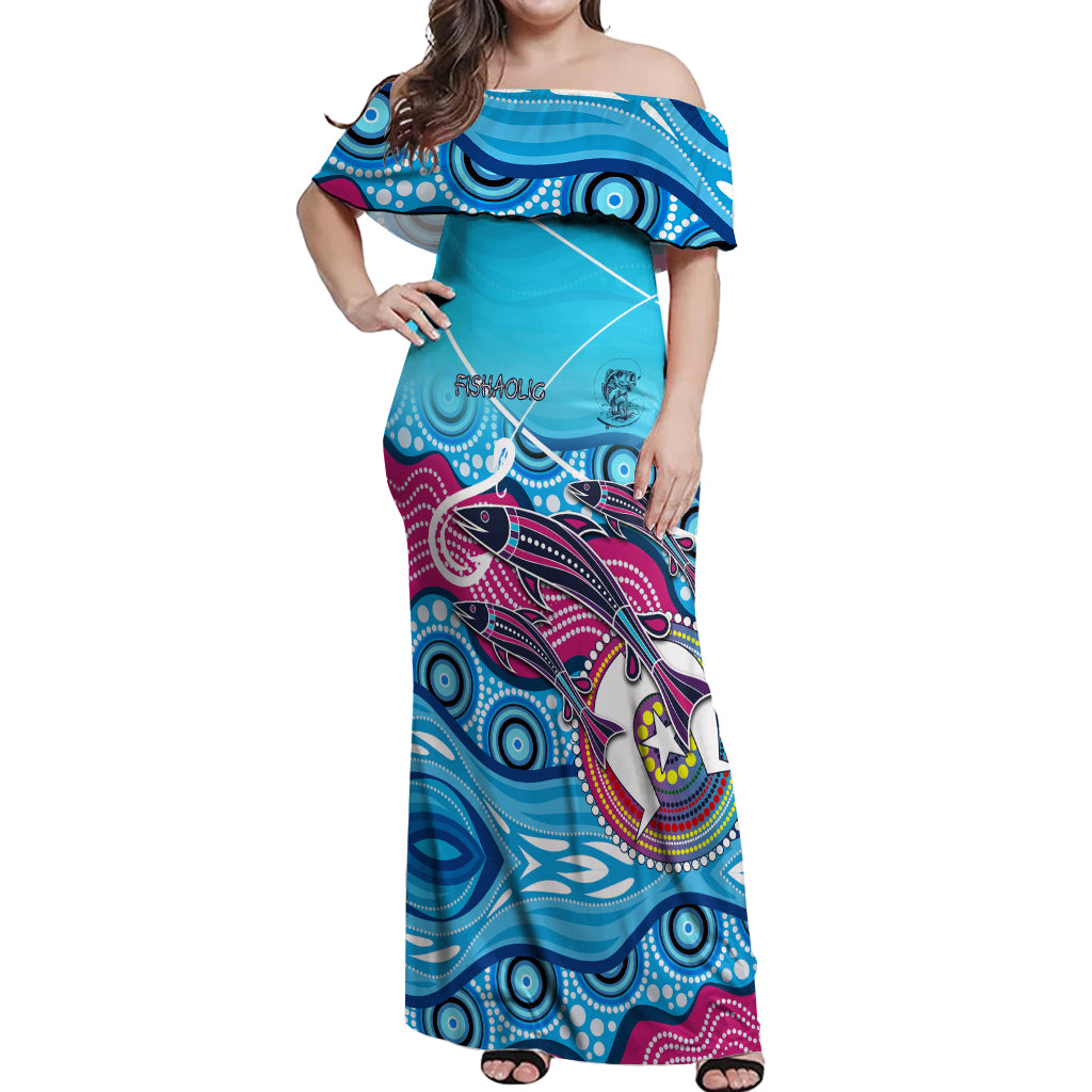 australia-fishing-off-shoulder-maxi-dress-fishaholic-with-the-dhari-symbol-and-aboriginal-pattern