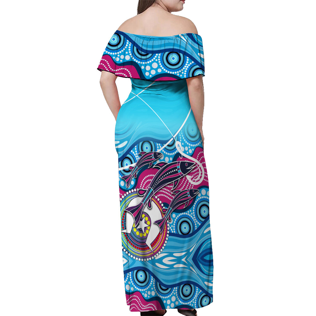 australia-fishing-off-shoulder-maxi-dress-fishaholic-with-the-dhari-symbol-and-aboriginal-pattern