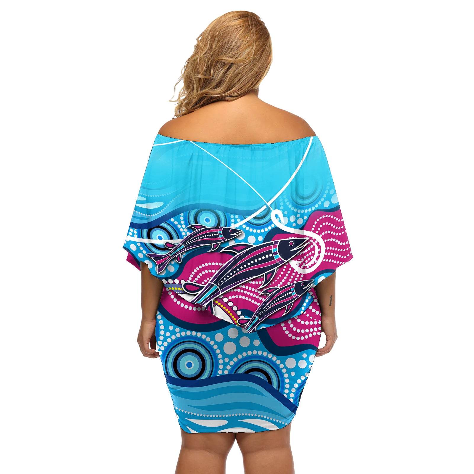 australia-fishing-off-shoulder-short-dress-fishaholic-with-the-dhari-symbol-and-aboriginal-pattern