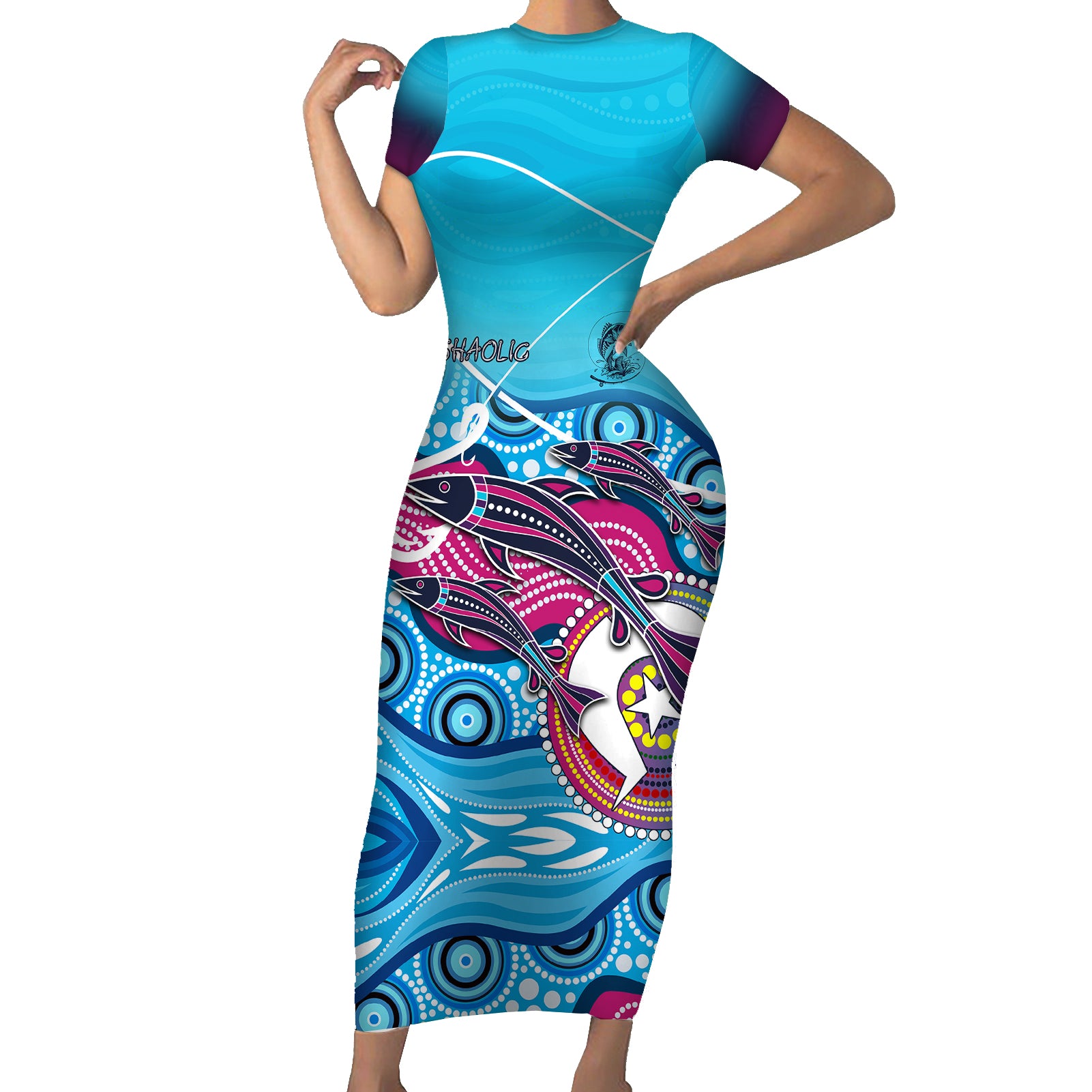 australia-fishing-short-sleeve-bodycon-dress-fishaholic-with-the-dhari-symbol-and-aboriginal-pattern