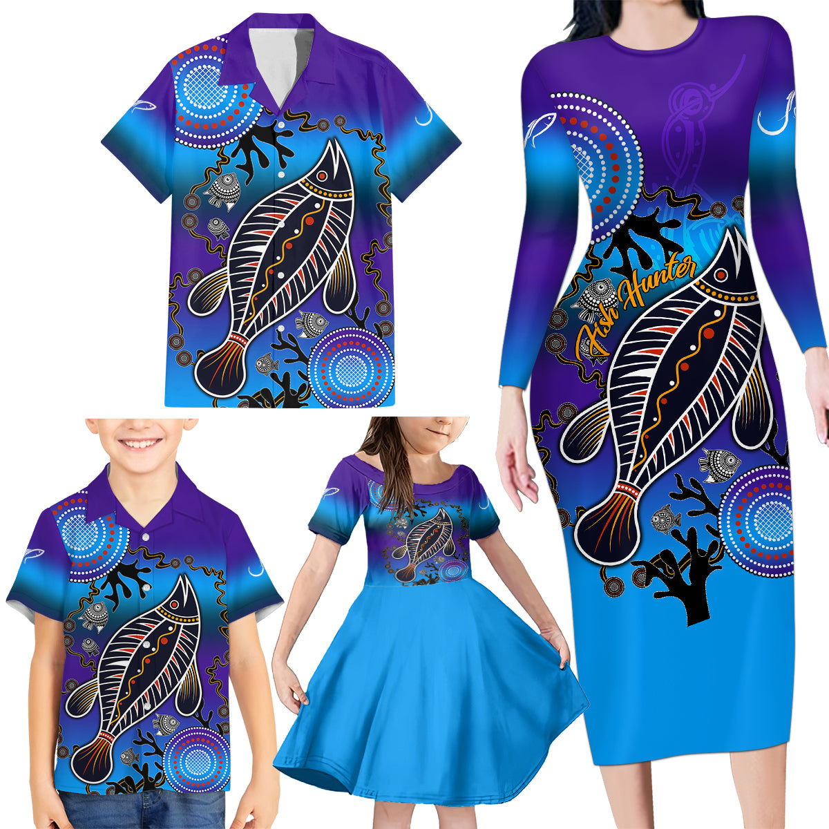 australia-fishing-family-matching-long-sleeve-bodycon-dress-and-hawaiian-shirt-hooked-on-fishing-with-aboriginal-patterns