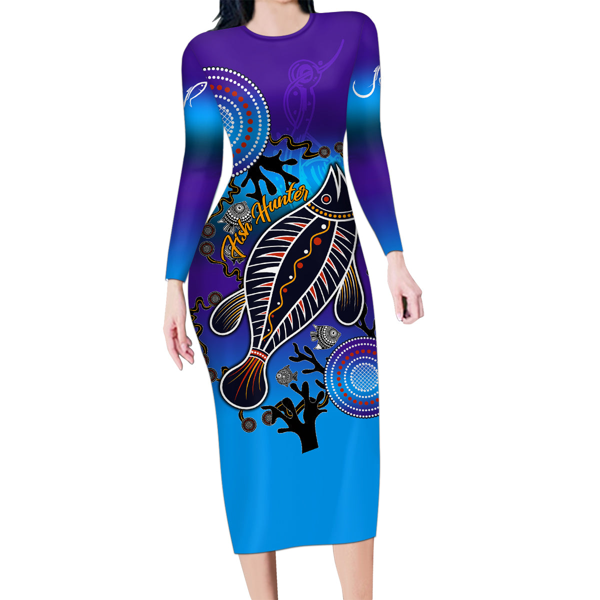 australia-fishing-family-matching-long-sleeve-bodycon-dress-and-hawaiian-shirt-hooked-on-fishing-with-aboriginal-patterns