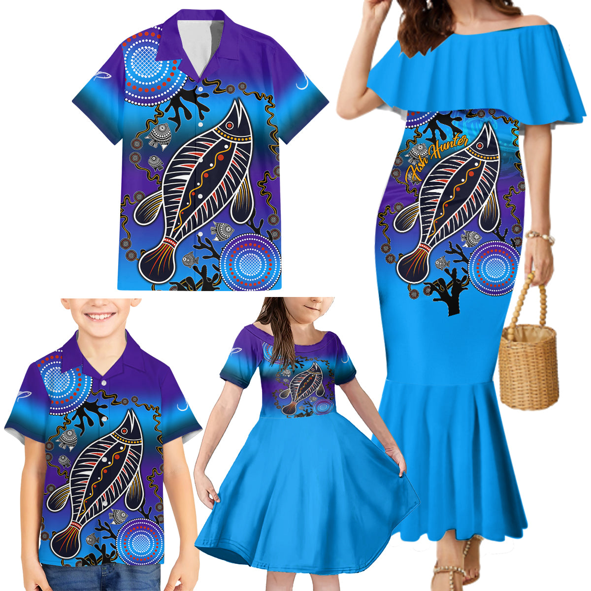 australia-fishing-family-matching-mermaid-dress-and-hawaiian-shirt-hooked-on-fishing-with-aboriginal-patterns