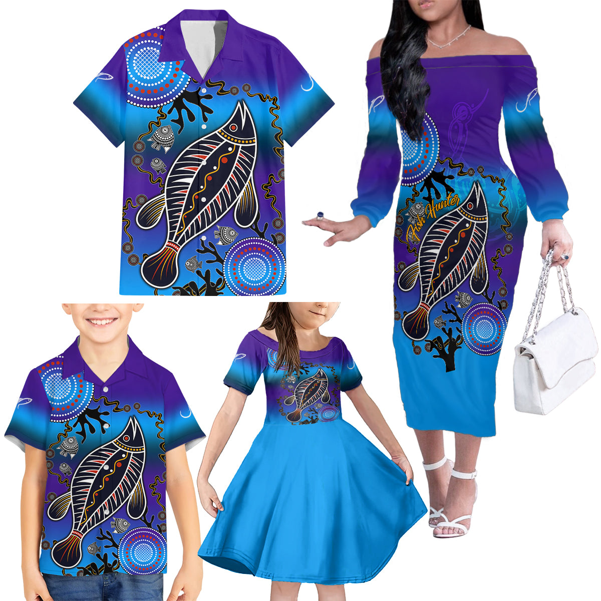 australia-fishing-family-matching-off-shoulder-long-sleeve-dress-and-hawaiian-shirt-hooked-on-fishing-with-aboriginal-patterns