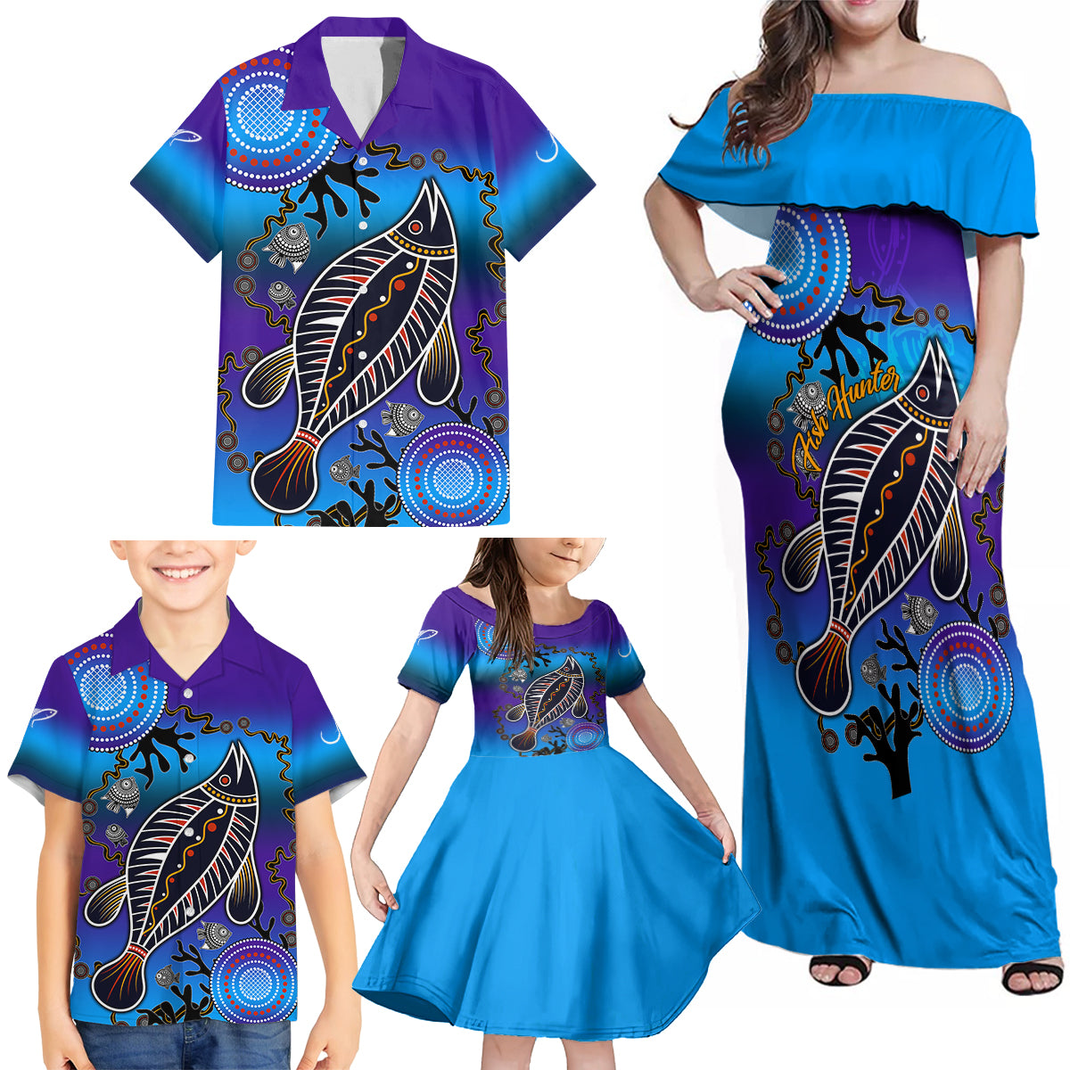 australia-fishing-family-matching-off-shoulder-maxi-dress-and-hawaiian-shirt-hooked-on-fishing-with-aboriginal-patterns