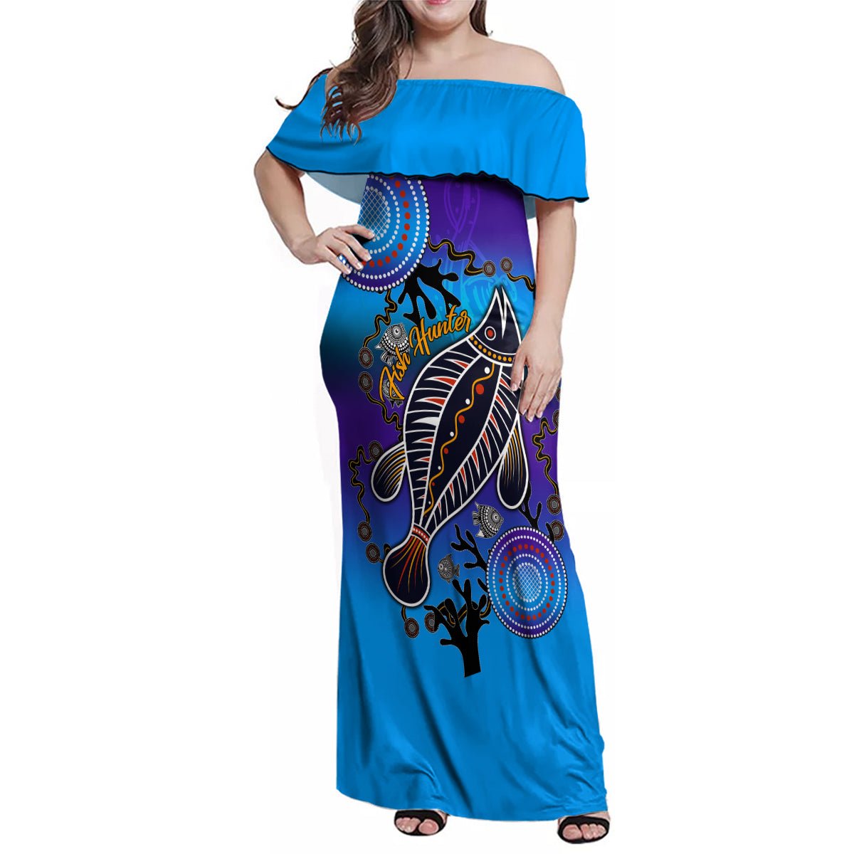 australia-fishing-family-matching-off-shoulder-maxi-dress-and-hawaiian-shirt-hooked-on-fishing-with-aboriginal-patterns