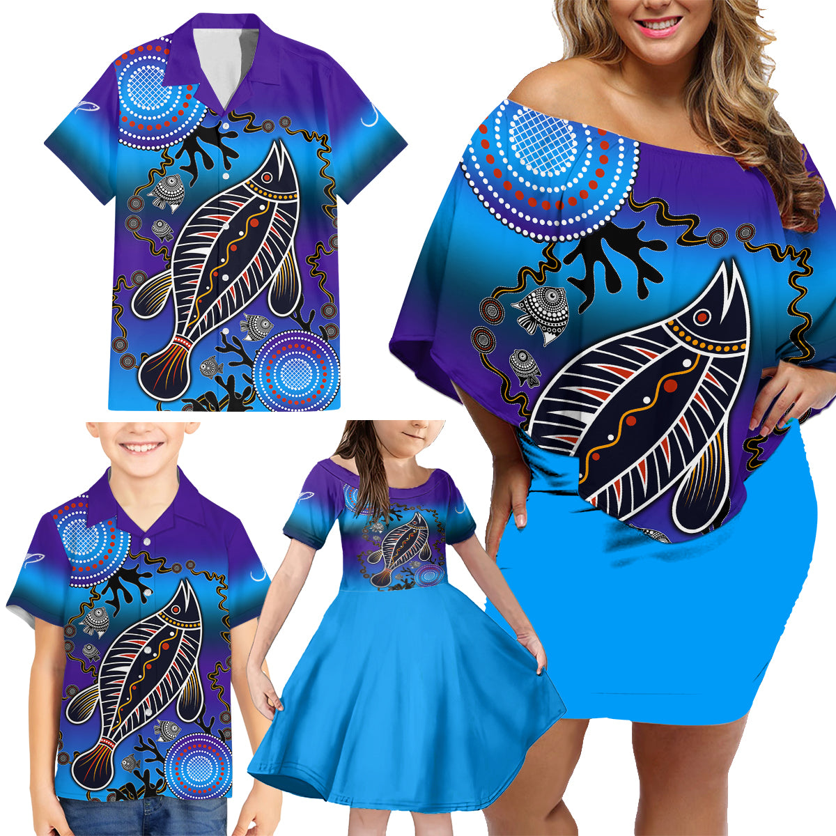 australia-fishing-family-matching-off-shoulder-short-dress-and-hawaiian-shirt-hooked-on-fishing-with-aboriginal-patterns