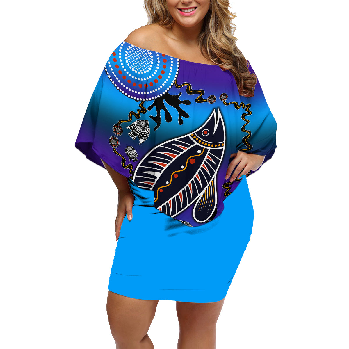 australia-fishing-family-matching-off-shoulder-short-dress-and-hawaiian-shirt-hooked-on-fishing-with-aboriginal-patterns