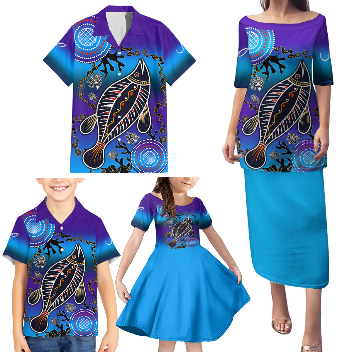 australia-fishing-family-matching-puletasi-dress-and-hawaiian-shirt-hooked-on-fishing-with-aboriginal-patterns