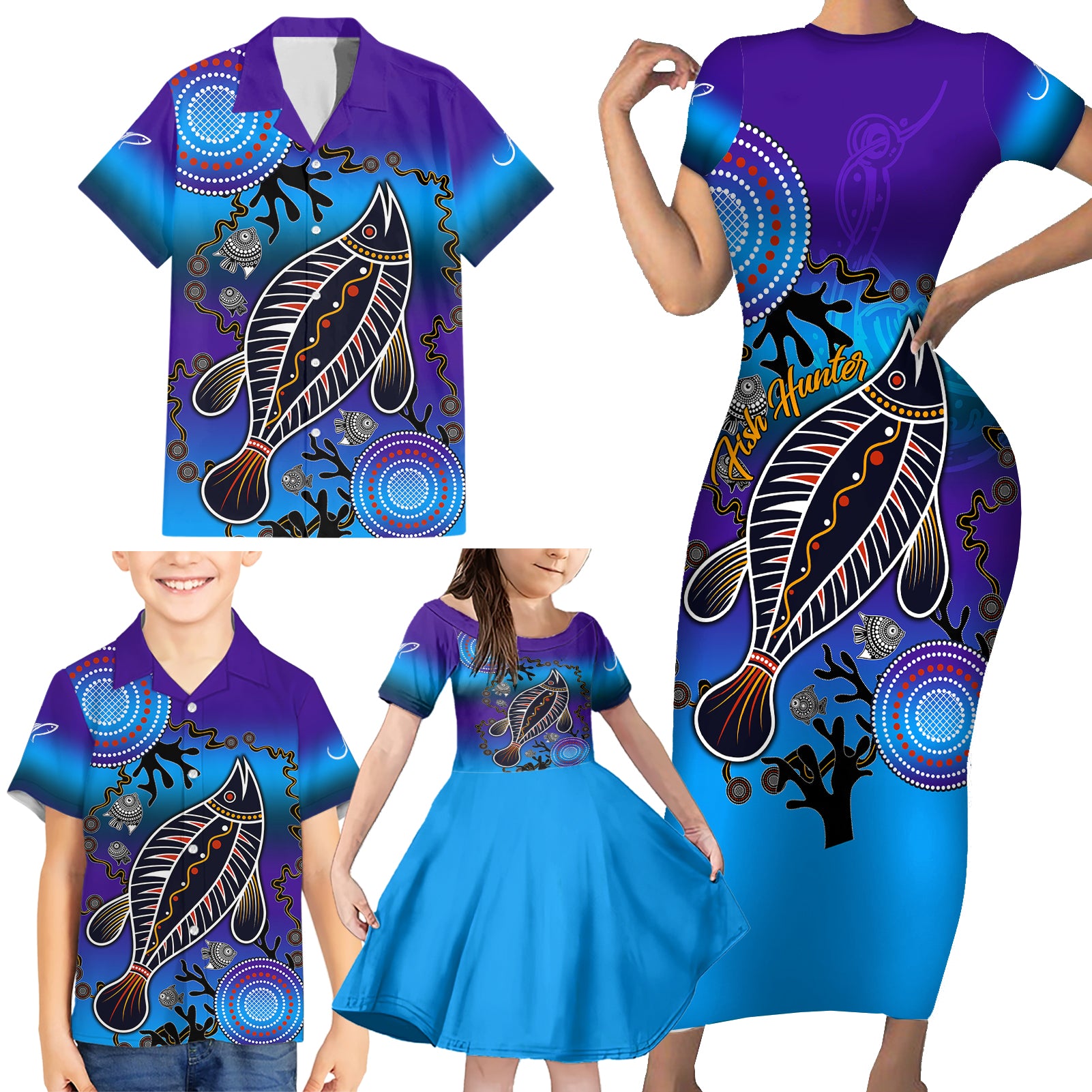 australia-fishing-family-matching-short-sleeve-bodycon-dress-and-hawaiian-shirt-hooked-on-fishing-with-aboriginal-patterns