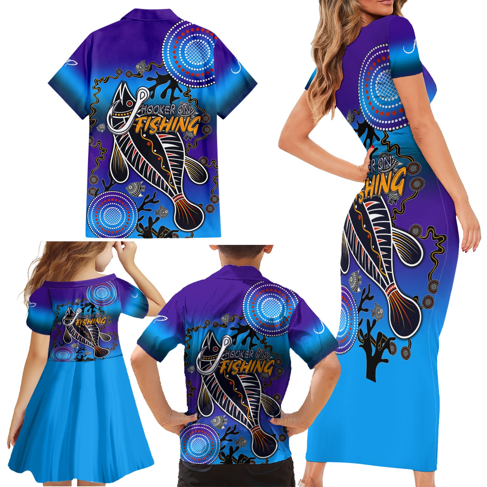 australia-fishing-family-matching-short-sleeve-bodycon-dress-and-hawaiian-shirt-hooked-on-fishing-with-aboriginal-patterns