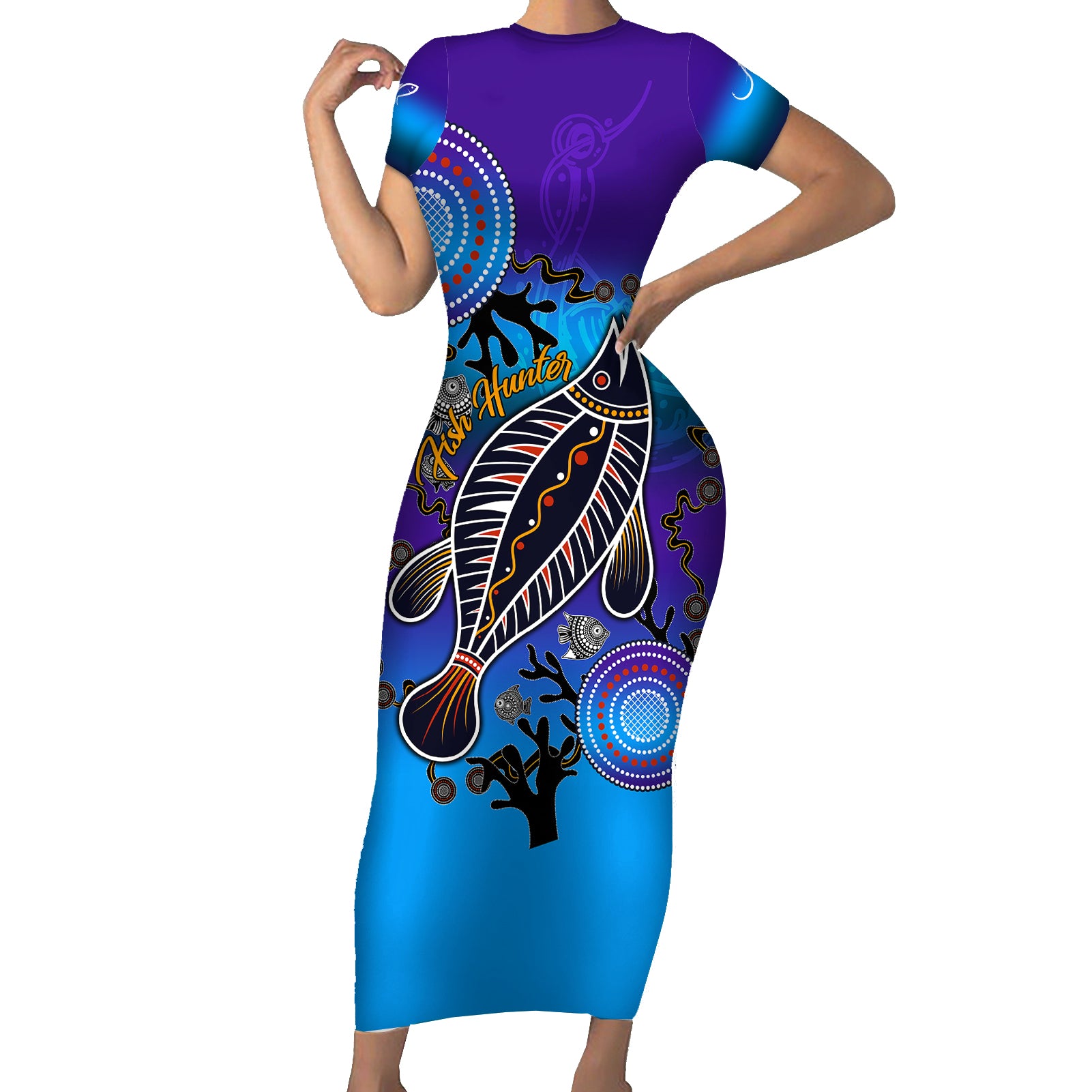 australia-fishing-family-matching-short-sleeve-bodycon-dress-and-hawaiian-shirt-hooked-on-fishing-with-aboriginal-patterns