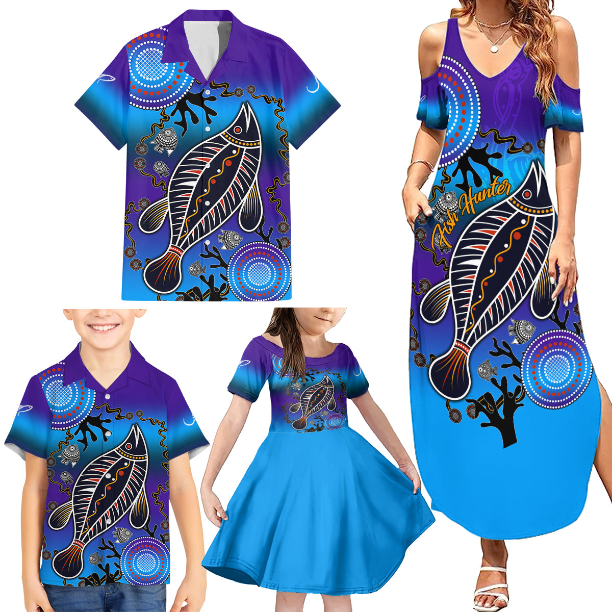 australia-fishing-family-matching-summer-maxi-dress-and-hawaiian-shirt-hooked-on-fishing-with-aboriginal-patterns