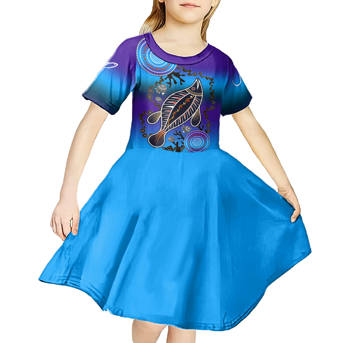 Australia Fishing Kid Short Sleeve Dress Hooked On Fishing With Aboriginal Patterns - Vibe Hoodie Shop