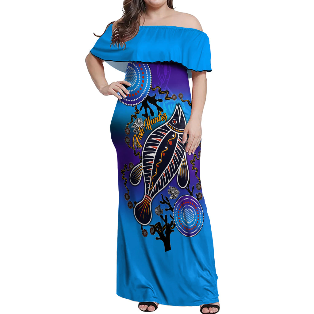 australia-fishing-off-shoulder-maxi-dress-hooked-on-fishing-with-aboriginal-patterns