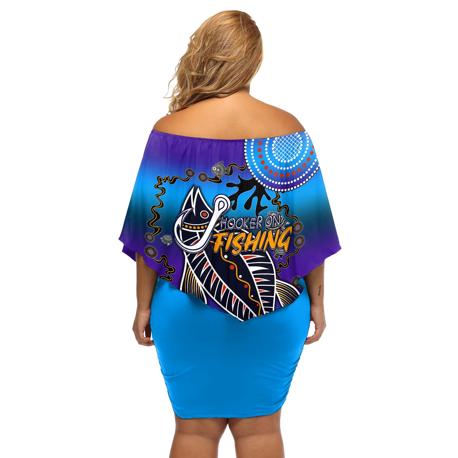 australia-fishing-off-shoulder-short-dress-hooked-on-fishing-with-aboriginal-patterns