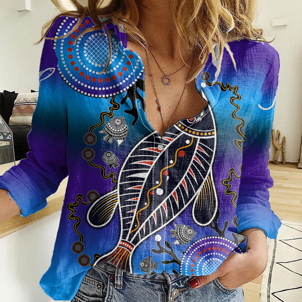 Australia Fishing Women Casual Shirt Hooked On Fishing With Aboriginal Patterns - Vibe Hoodie Shop