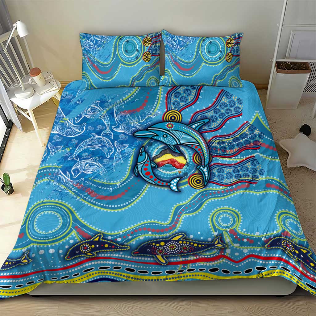 Dolphins Aboriginal Art Map Flag Australia Bedding Set - Vibe Hoodie Shop