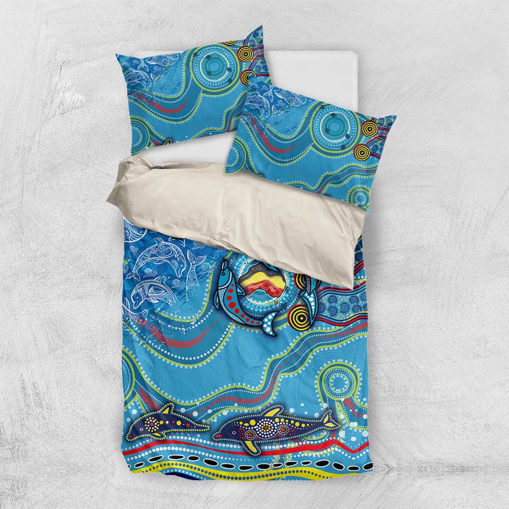 Dolphins Aboriginal Art Map Flag Australia Bedding Set - Vibe Hoodie Shop