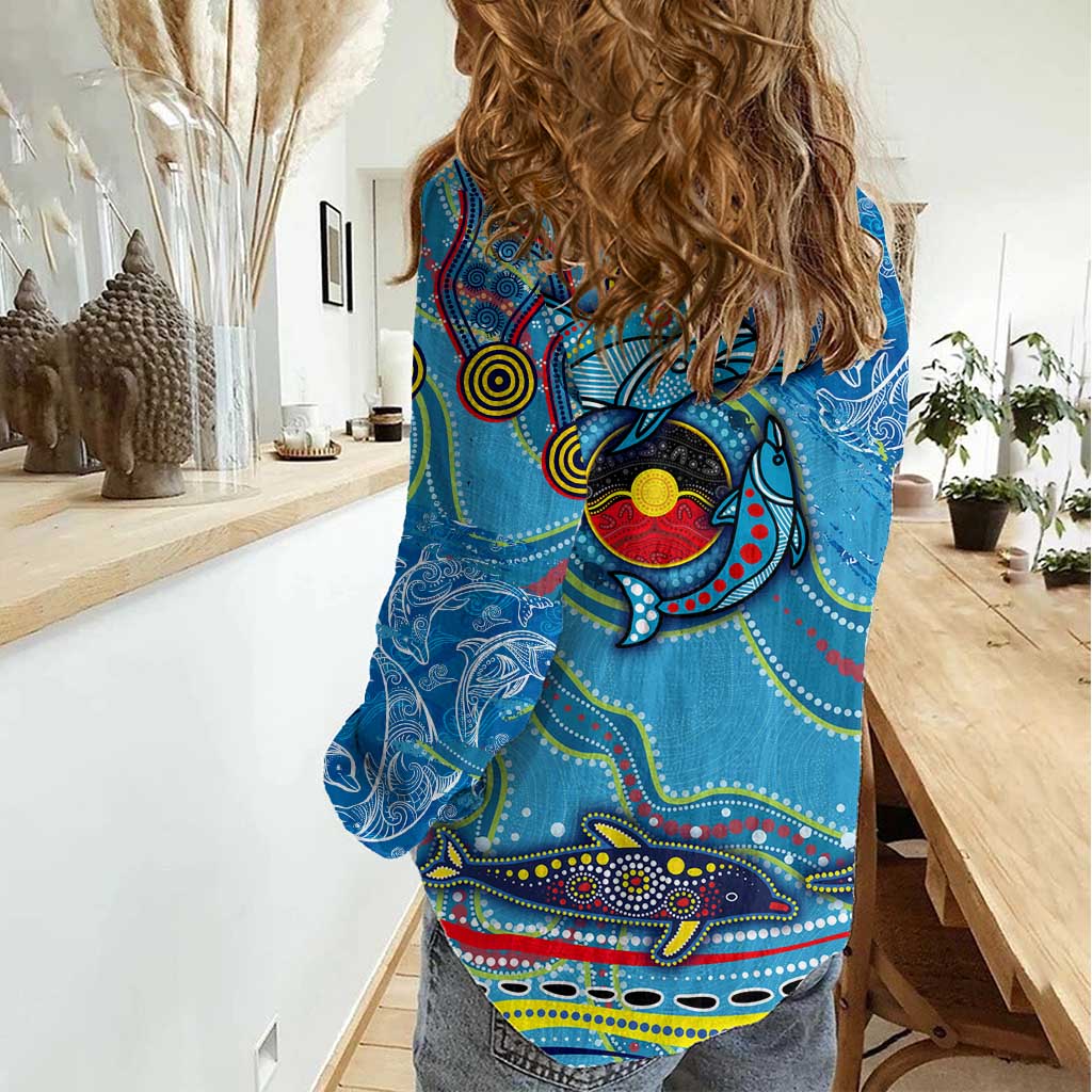 Dolphins Aboriginal Art Map Flag Australia Women Casual Shirt - Vibe Hoodie Shop