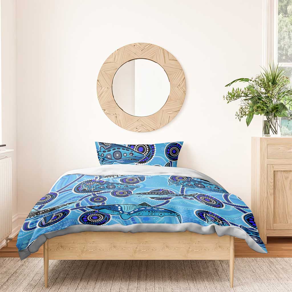 Sharks Aboriginal Australia Bedding Set Indigenous Art Blue - Vibe Hoodie Shop