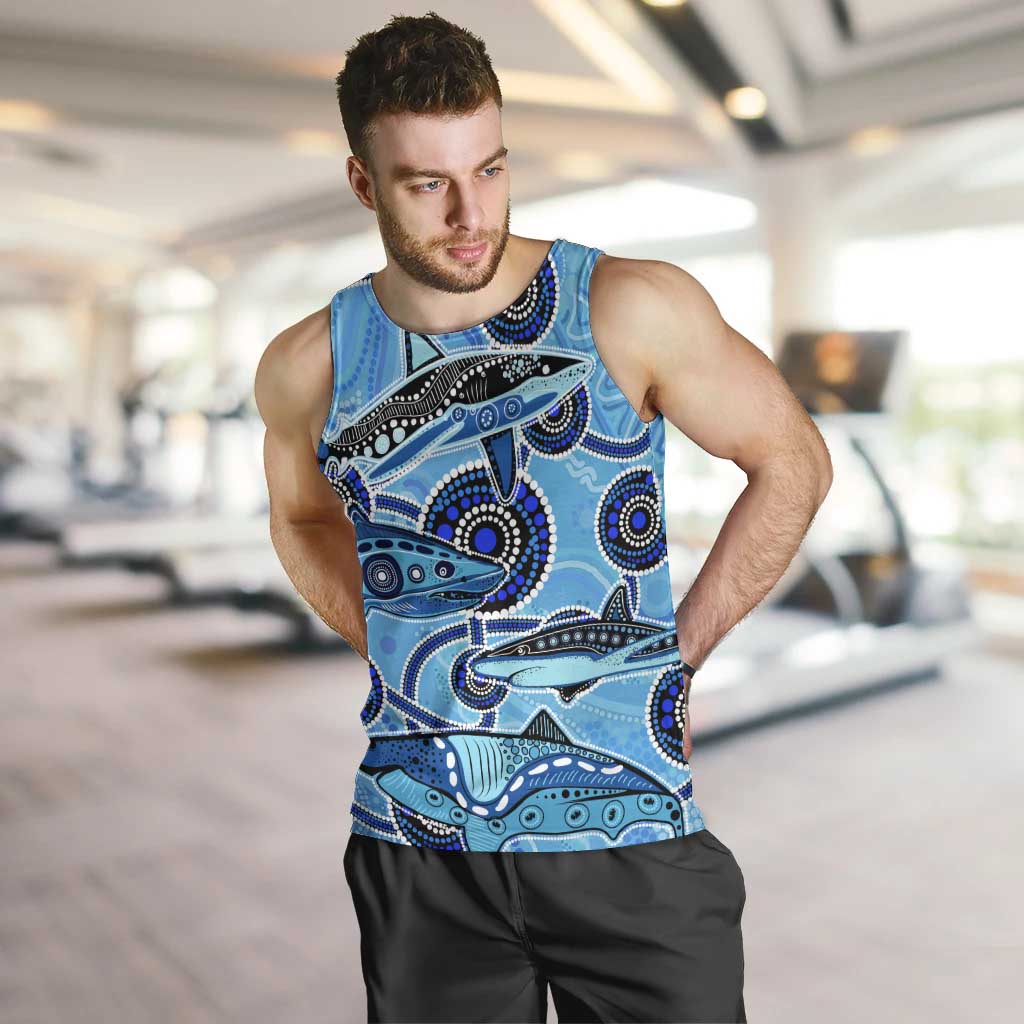 Sharks Aboriginal Australia Men Tank Top Indigenous Art Blue - Vibe Hoodie Shop