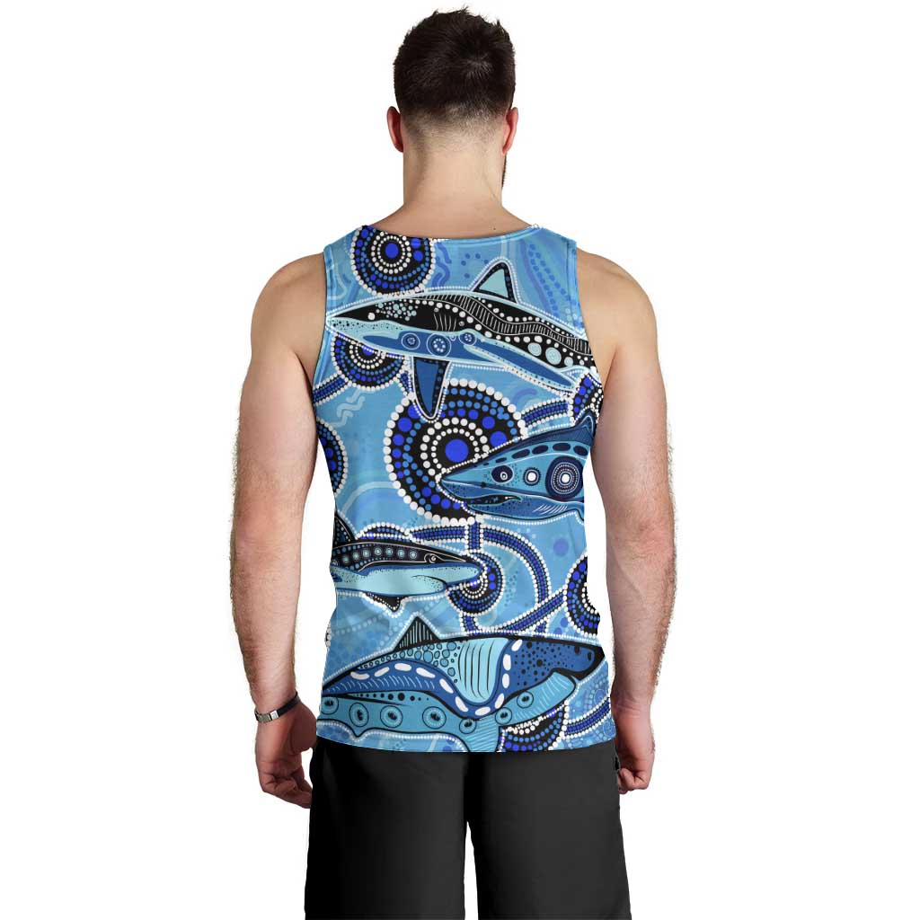 Sharks Aboriginal Australia Men Tank Top Indigenous Art Blue - Vibe Hoodie Shop