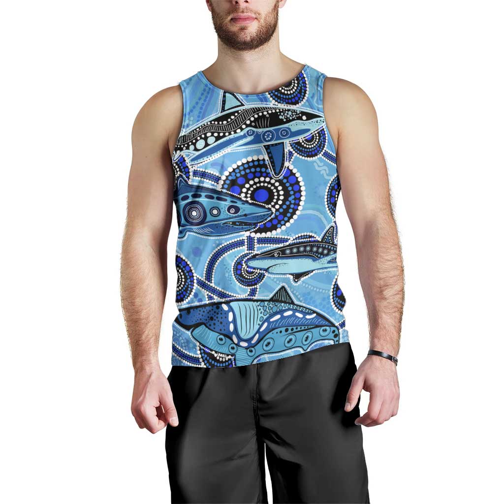 Sharks Aboriginal Australia Men Tank Top Indigenous Art Blue - Vibe Hoodie Shop