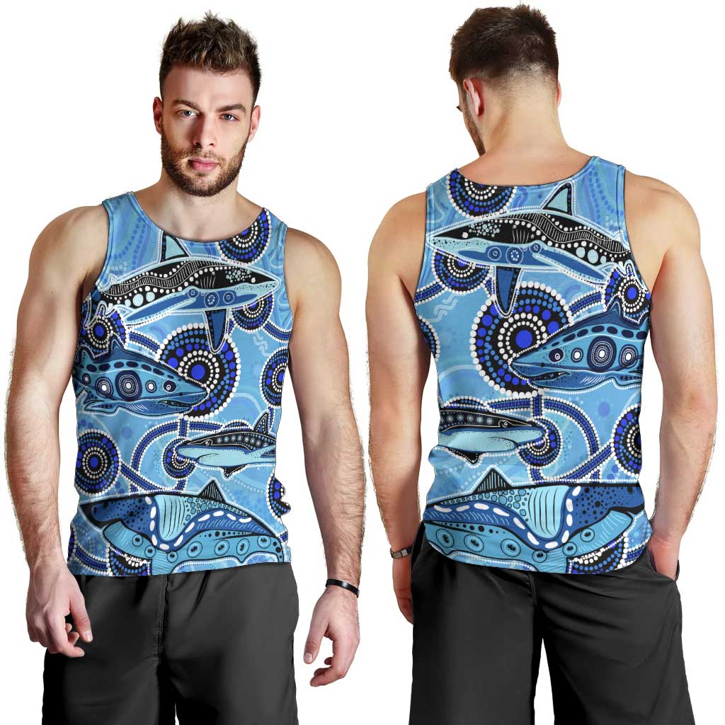 Sharks Aboriginal Australia Men Tank Top Indigenous Art Blue - Vibe Hoodie Shop