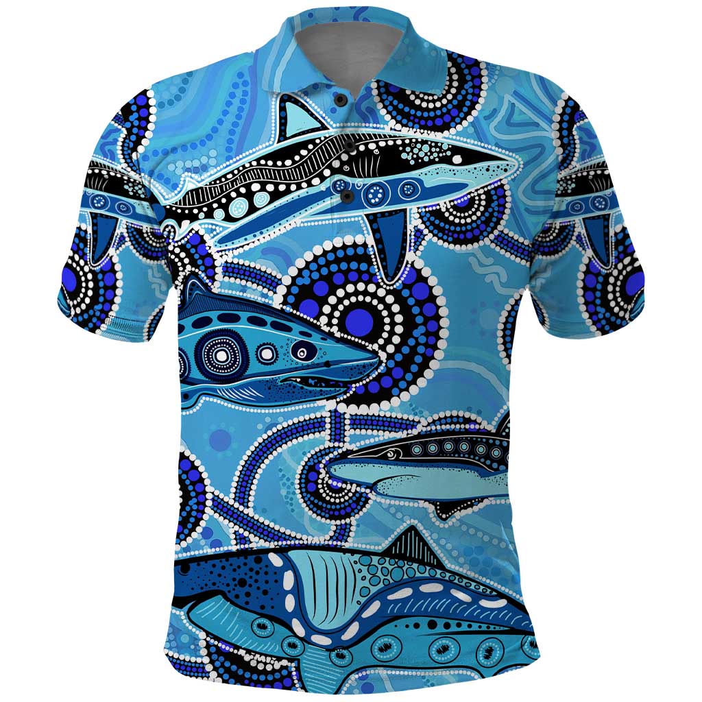 Sharks Aboriginal Australia Polo Shirt Indigenous Art Blue - Vibe Hoodie Shop