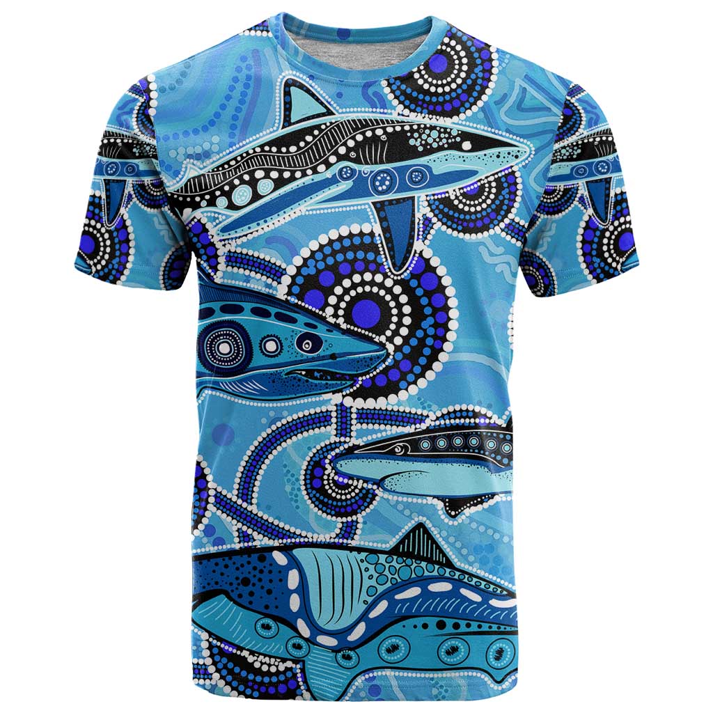 Sharks Aboriginal Australia T Shirt Indigenous Art Blue - Vibe Hoodie Shop