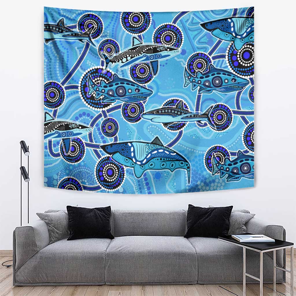 Sharks Aboriginal Australia Tapestry Indigenous Art Blue - Vibe Hoodie Shop