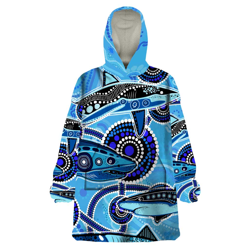 Sharks Aboriginal Australia Wearable Blanket Hoodie Indigenous Art Blue - Vibe Hoodie Shop