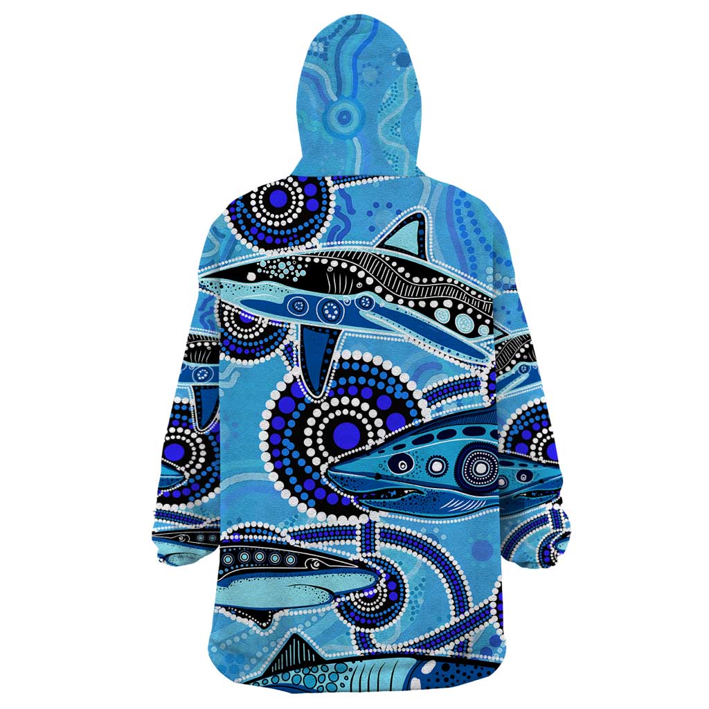 Sharks Aboriginal Australia Wearable Blanket Hoodie Indigenous Art Blue - Vibe Hoodie Shop