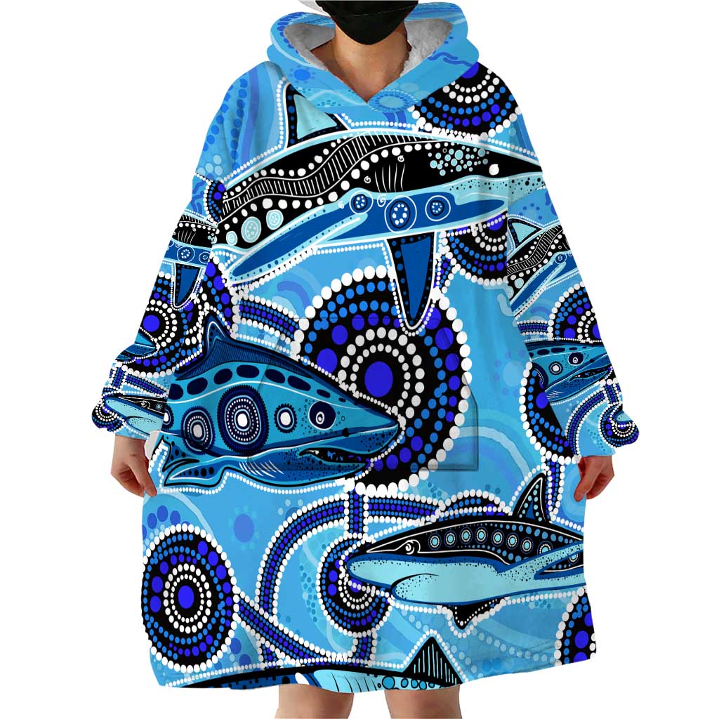 Sharks Aboriginal Australia Wearable Blanket Hoodie Indigenous Art Blue - Vibe Hoodie Shop